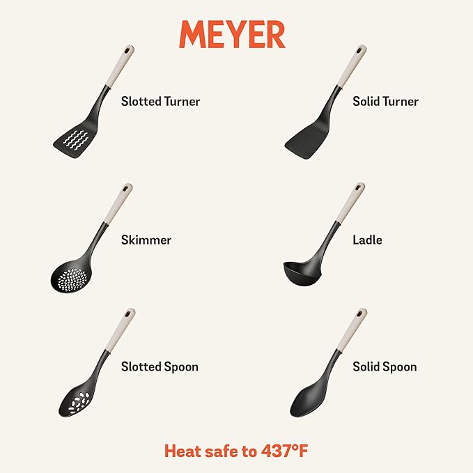 Meyer Everyday Nylon Tools/Cooking Utensils Set for Non Stick Cookware, 6 Piece: Slotted Turner, Solid Turner, Skimmer, Ladle, Slotted Spoon and Solid Spoon, Heat Resistant, Black with Gray Handles