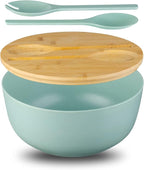 Bamboo Fiber 10 ″ Large Salad Serving Bowl Set with Wooden Lid & Servers, 3.5Qt Big Bowl with Utensils for Mixing Salad,Fruit,Pasta,Lightweight & Dishwasher Safe,, Ideal Gift for Home - Teal Color