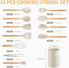 Silicone Cooking Utensil Set,12 PCS Cooking Cookware Kitchen Utensils Set for Cooking, Nonstick 446°F Heat-Resistant Cookware Kitchen Tools of Spoon,Brush,Whisk,Spatula,Turner Tongs (Khaki)