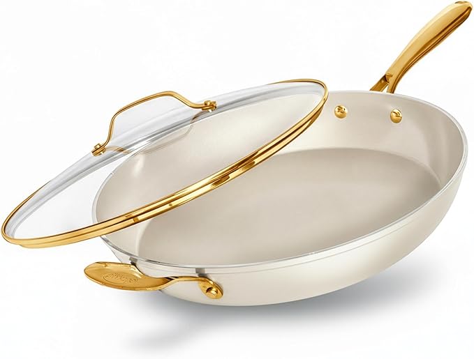 GOTHAM STEEL 14 Inch Nonstick Frying Pan with Lid, Large Ceramic Skillet for Family, Non Toxic PFOA PFOS PFAS Free, Oven & Dishwasher Safe 500°F, Even Heat Distribution, Cream