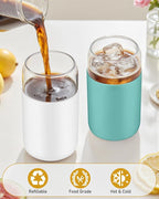 sungwoo Glass Cups with Lids and Straws, 4 Pack 16OZ Iced Coffee Cups with Silicone Sleeve, Glass Tumbler with Straw and Bamboo Lid, Home Essential Drinking Set for Juice, Cocktail and Tea White&Green