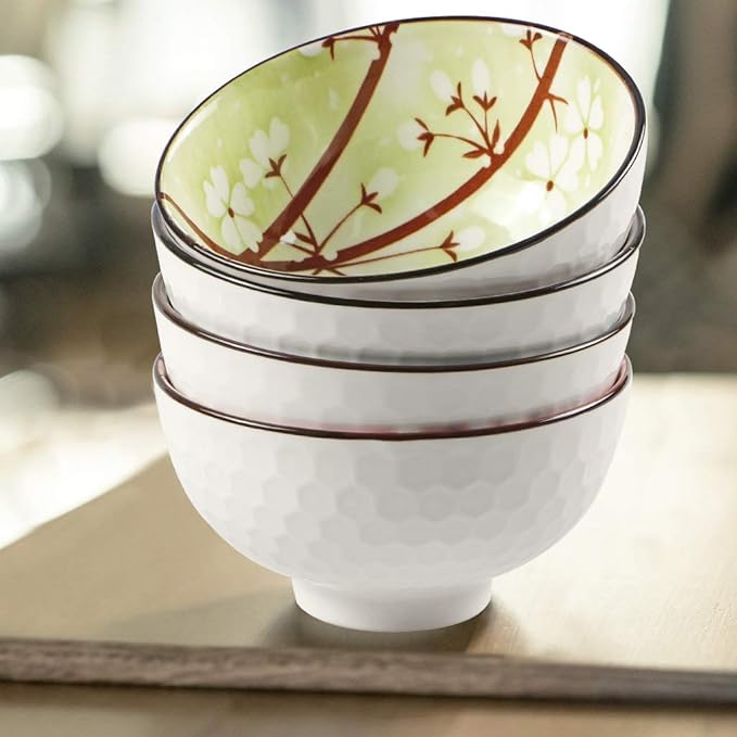Ceramic Rice Bowls 10 oz, Sakura Bowl Gift Set, Assorted Color Dinnerware Serving Bowls for Rice, Cereal, Noodle, Soup, Desserts, Pack of 4 (Cherry Blossom)