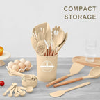 Kitchen Utensils Set - 34 PCS Non-Stick Silicone Cooking Utensils Set Spatula Set with Holder, Wooden Handle Spoon,Brush,Whisk Kitchen Gadgets Tools Set for Nonstick Cookware (Khaki-34P)