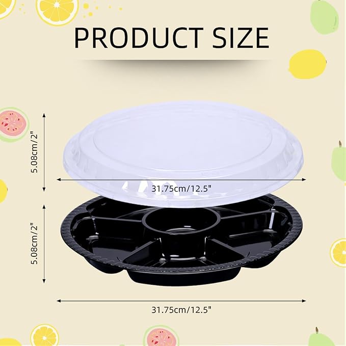 10 Pcs Plastic Appetizer Serving Tray with Lid Round 12.5 Inch with Lid Disposable Serving Fruit Veggie Catering Tray with 6 Divided Compartment for Fruit Snack Veggie Party