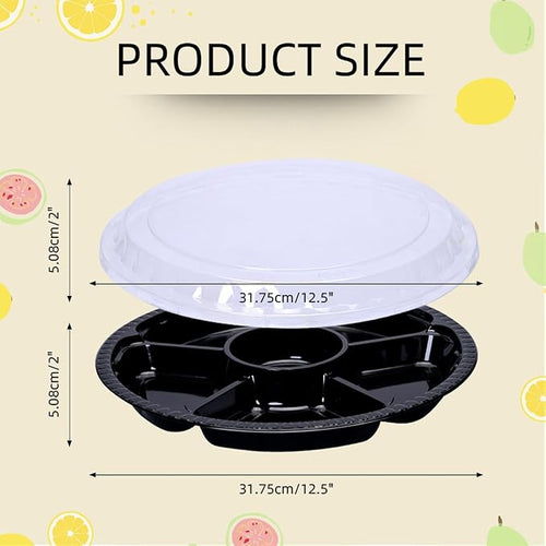 10 Pcs Plastic Appetizer Serving Tray with Lid Round 12.5 Inch with Lid Disposable Serving Fruit Veggie Catering Tray with 6 Divided Compartment for Fruit Snack Veggie Party