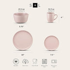Stone Lain Albie Stoneware 16-Piece Modern Dinnerware Set, Kitchen Plates and Bowls Sets, Service for 4, Pink, Microwave & Dishwasher Safe