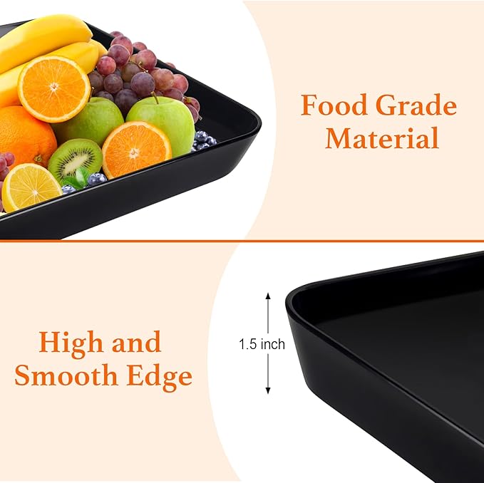 greenandlife 4 pcs 16" x 11" Large Serving Trays for Party Supplies, Plastic Platters for Serving Food, Unbreakable Reusable Trays for Snack, Fruit, Cookies, Desserts in Kitchen, BPA Free, Black