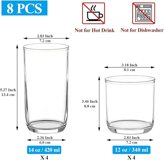 Berglander Drinking Glasses Set of 8, PET Clear Plastic Highball Glasses 14oz & Whiskey Cocktail Glasses Set 11.5oz, Heavy Duty Unbreakable Water Glasses Cup Tumbler Glassware for Beer, Juice, Milk