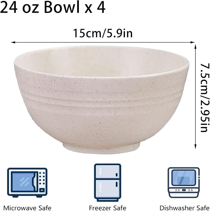 Unbreakable Wheat Straw Cereal Bowls Set of 4, 24 OZ Microwave and Dishwasher Safe Lightweight Soup and Salad Bowl Sets, Reusable Dessert Bowls for Rice, Pasta, Snack, Fruit, BPA Free (Beige)