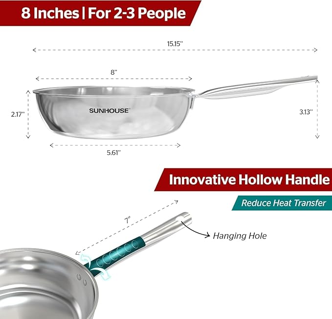 Sunhouse Tri-Ply Stainless Steel Pan, 8-Inch Frying Pan, Oven Safe Up to 500°F, Dishwasher Safe, Compatible with Induction, Electric, Gas Cooktops, Cool Handles Grip