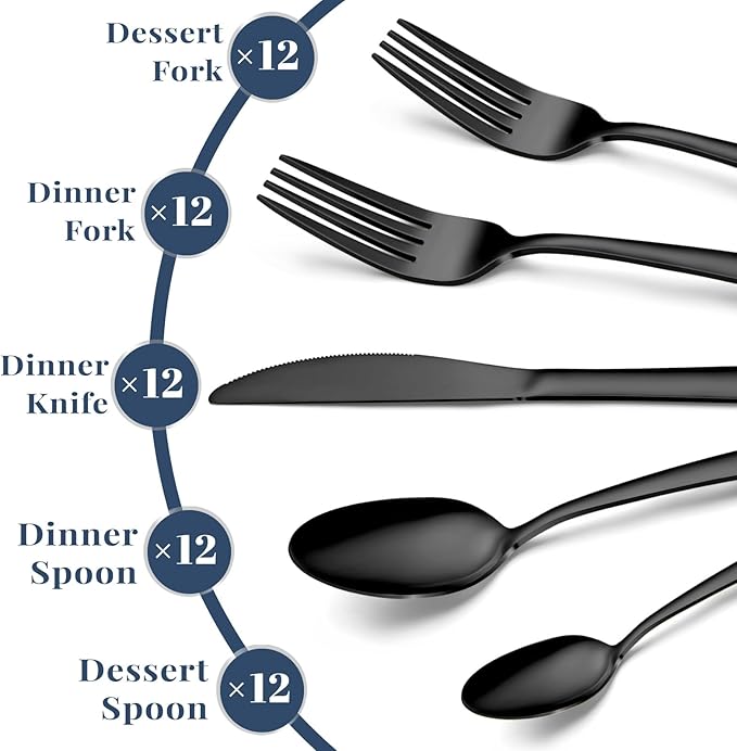 60-Piece Black Silverware Set - Stainless Steel Silverware Set for 12, Includes Forks Spoons and Knives, Utensil Sets for Home Kitchen Restaurant, Dishwasher Safe