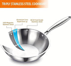 DELARLO Whole Body Tri-Ply Stainless Steel Wok 9.45 inch, Deep Kitchen Stir-Fry Pan, Small Wok Pan with Lids, Induction Mini wok, Suitable for All Stove, Up to 650℉, Detachable Handle