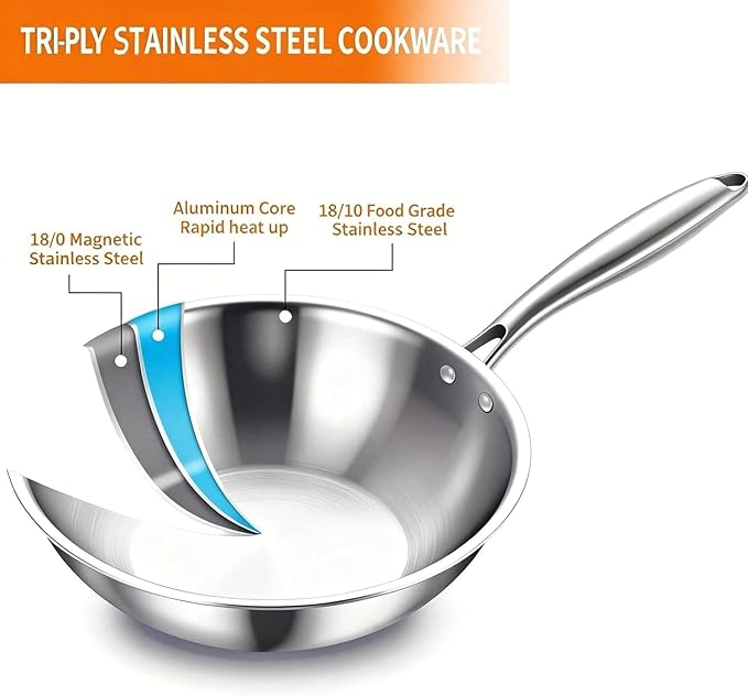 DELARLO Whole Body Tri-Ply Stainless Steel Wok 9.45 inch, Deep Kitchen Stir-Fry Pan, Small Wok Pan with Lids, Induction Mini wok, Suitable for All Stove, Up to 650℉, Detachable Handle
