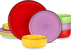 vancasso Bonita Stoneware Dinnerware Sets, 12 Pieces Dishes Set，Polished Round Plates and Bowls Set for 4, Dishwasher and Microwave Safe, Multicolor