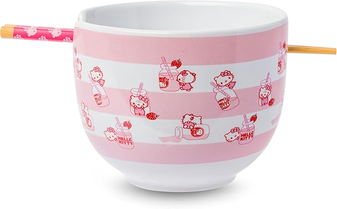 Silver Buffalo Sanrio Hello Kitty Strawberry Milk Pattern Ceramic Ramen Noodle Rice Bowl with Chopsticks, Microwave Safe, 20 Ounces