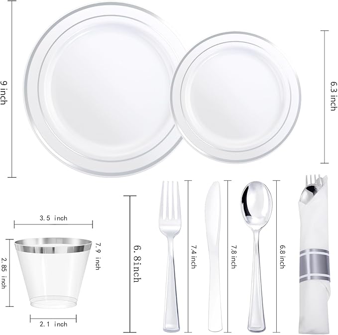 WDF Partyware 350Piece Silver Plastic Dinnerware Set for 50 Guests - Silver Plastic Plates with Cutlery Include:50Dinner Plates-50Dessert Plates-50Pre Rolled Napkins with Silverware Party Wedding