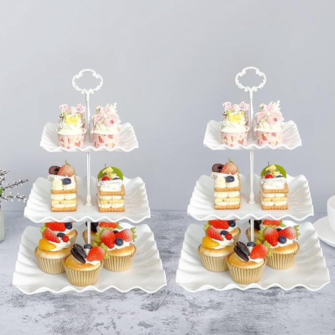 2 Pack of Plastic Square Dessert Cupcake Stand, 3 Tier Cup Cake Holder Tower for Tea Party/Birthday/Wedding, Plastic Tiered Serving Tray (White)