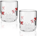 Skylety 2 Pack Red Bow Icon Glass Cups 14 oz Bow Icon Juice Glasses Coquette Aesthetic Cup Drinking Cocktail Wine Water Coffee for Valentines Anniversary Engagement Wedding Gifts Party Supplies