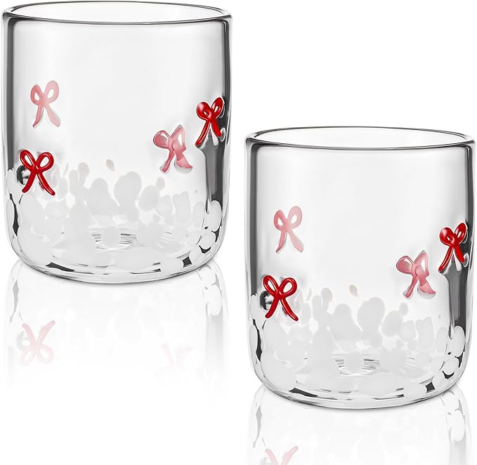 Skylety 2 Pack Red Bow Icon Glass Cups 14 oz Bow Icon Juice Glasses Coquette Aesthetic Cup Drinking Cocktail Wine Water Coffee for Valentines Anniversary Engagement Wedding Gifts Party Supplies