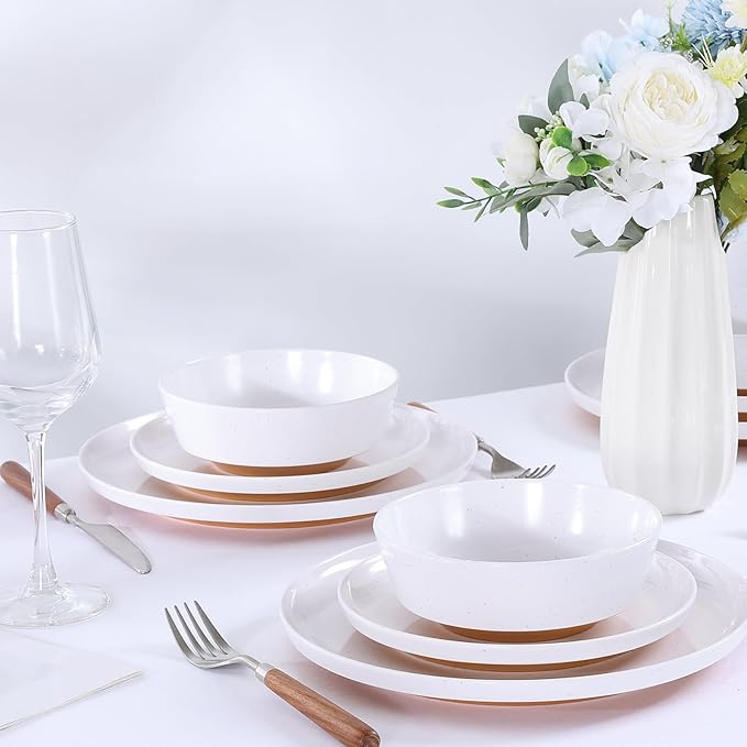 Webbylee 12-Piece Melamine Dinnerware Set for 4 – Unbreakable Plates & Bowls, BPA-Free, Lightweight, Two-Tone White & Brown, Ideal for Family Meals, Camping, Picnic, Parties