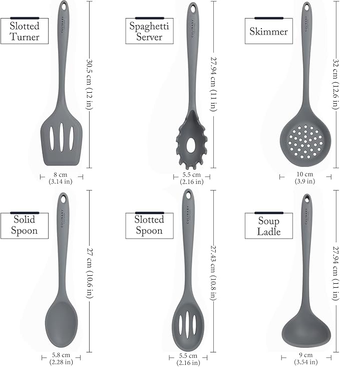 Culinary Couture Grey Silicone Kitchen Utensils Set of 6, Non-Stick Heat-Resistant Silicone Kitchen Utensils Set with Steel Inner Core
