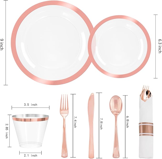 Liacere 350PCS Rose Gold Plastic Plates - Clear with Rose Gold Rim for 50Guests Dinnerware - Include 100 Plates disposable 150 PCS Silverware 50 Napkins for Party & Mothers Day & Graduation