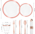 Liacere 350PCS Rose Gold Plastic Plates - Clear with Rose Gold Rim for 50Guests Dinnerware - Include 100 Plates disposable 150 PCS Silverware 50 Napkins for Party & Mothers Day & Graduation