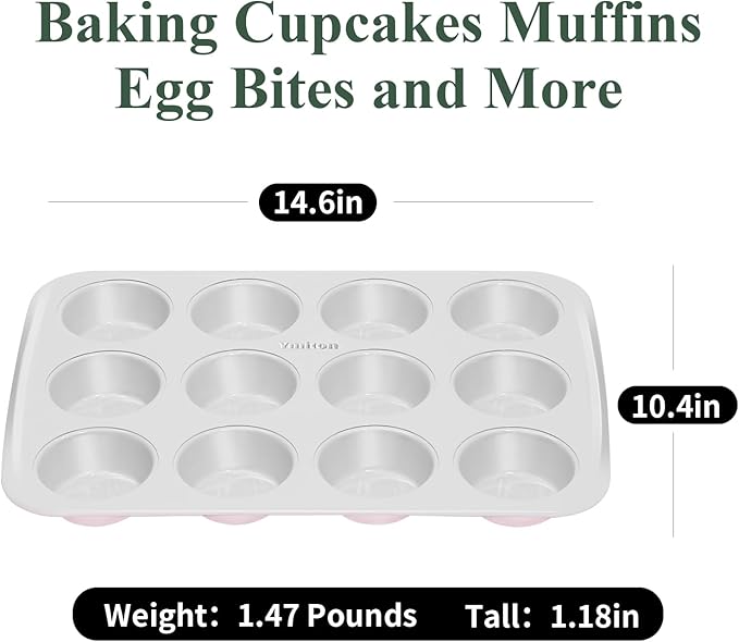 Nonstick Ceramic 12 Cup Muffin Pan, Cupcake Pan for Baking, Non-Toxic Muffin tin, Ceramic Coating, PTFE & PFOA Free, Oven Safe 550°F, Aluminized Steel (Pink)