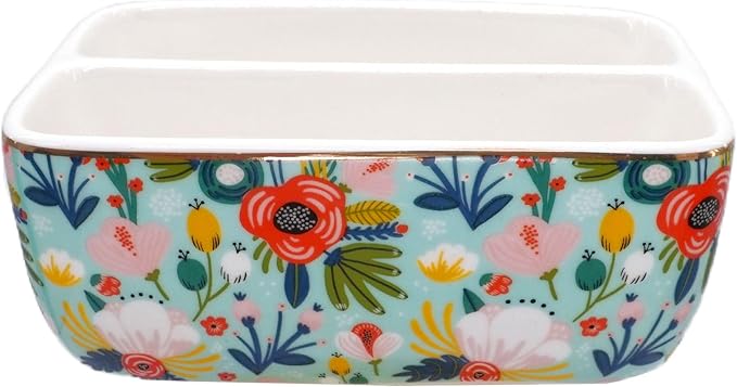 2 Compartments Ceramic Sponge Holder for Kitchen Sink, Cute Floral Countertop Dish Sponges Holder Soap Sink Organizer Farmhouse Caddy (Mint Green)