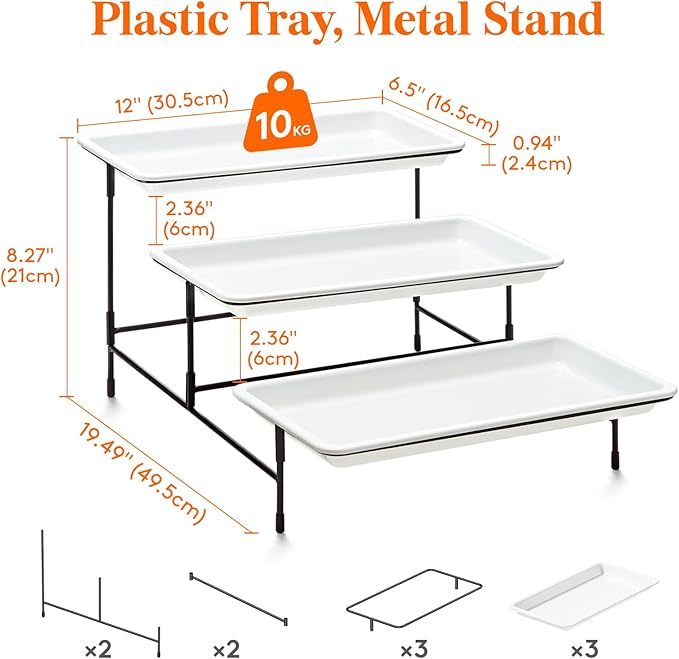 Lifewit 3 Tier Serving Tray, 30 x 17 cm/12 x 6.5 White Plastic Tiered Food Serving Platters, Tiered Tray Stand for Party with Black Collapsible Metal Stand, Dessert Display Stand for Cookies/Crackers