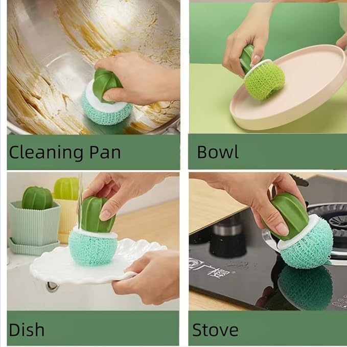 Dish and Pot Cleaning Brush with Holder Kitchen Cleaner Dish Scrub Brushes Dishes Pots Pans Cleaning Tool- 3 Replaceable Brush Heads