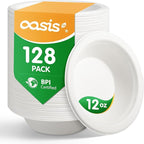 12 oz 128-Pack Compostable Soup Bowls, Disposable Paper Bowls for Soup, Cereal & Oatmeal, Heavy-Duty Bagasse Bowls, Microwave & Freezer Safe, Eco-Friendly (White)