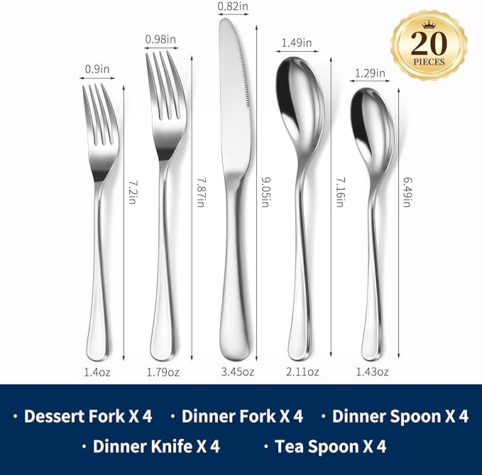 20-Piece Silverware Set for 4, Cutlery Set Premium 18/0 Stainless Steel Flatware Set, Heavy-Duty Durable Construction, Mirror-Polished Finish, Dishwasher Safe