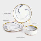 Pokini Marble Gold Rim Dinnerware Sets, Porcelain Plates and Bowls Sets, Modern Luxury Dish Set for 4, White Grey China Dinner Set for Special Occasions, Hand Wash Quickly