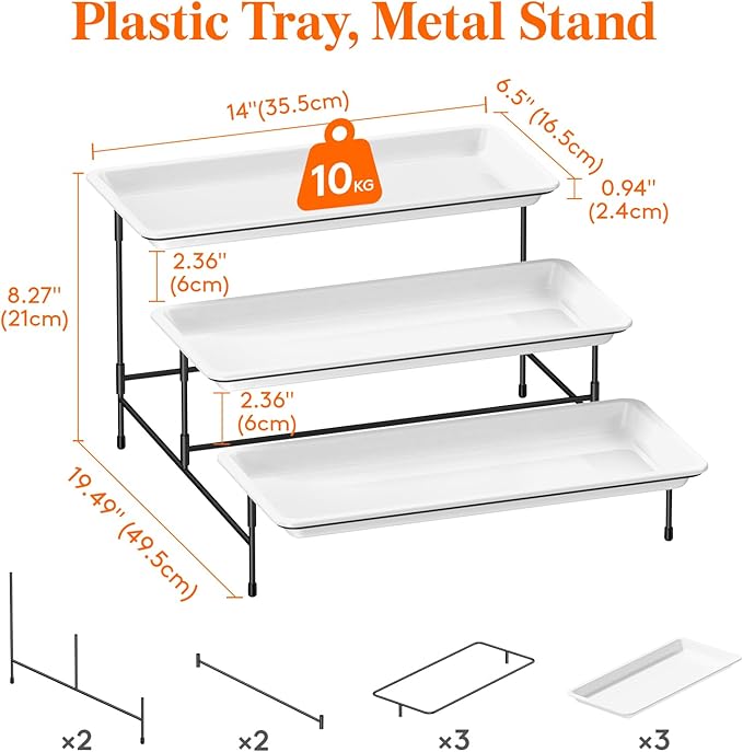 Lifewit 3 Tier Serving Tray, 36 x 17 cm/14 x 6.5 White Plastic Tiered Food Serving Platters, Tiered Tray Stand for Party with Black Collapsible Metal Stand, Dessert Display Stand for Cookies/Crackers