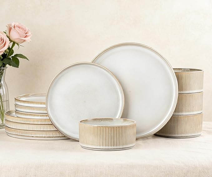 Ceramic Dinnerware Sets for 4-12 Piese Plates and Bowls Set, Microwave and Dishwasher Safe Stoneware, Ribbed Dishes and 22oz bowls, Beige