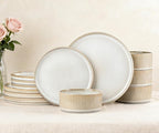Ceramic Dinnerware Sets for 4-12 Piese Plates and Bowls Set, Microwave and Dishwasher Safe Stoneware, Ribbed Dishes and 22oz bowls, Beige
