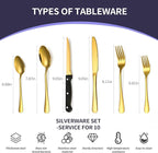 60-Piece Gold Silverware Set with Steak Knives Gold Stainless Steel Flatware Set for 10 Food Grade Tableware Cutlery Set Rust-proof, Mirror Polished, Dishwasher Safe