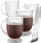 Large Ribbed Glass Coffee Mugs Set of 4,16 Oz Clear Espresso Mugs with Spoon, Glass Diner Cups with Handle Diner Latte Cup with Footed Base for Hot Beverages,Cappuccino Cups, Stylish Drinkware