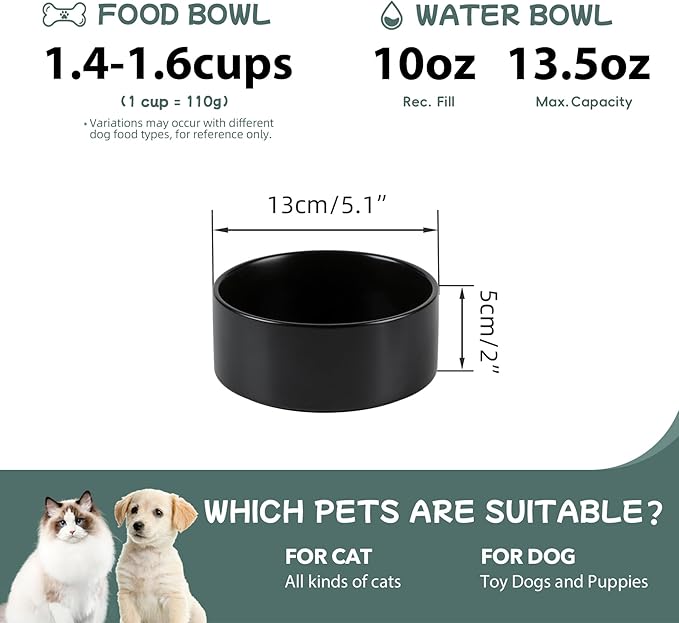 Havniva Ceramic 5.1inch Set of 2 Dog and Cat Bowls, Food and Water Feeder for Small Breed Dogs, Kitty, Cats, 2pcs Dog & Cat Dishes(2 Bowls, Black)