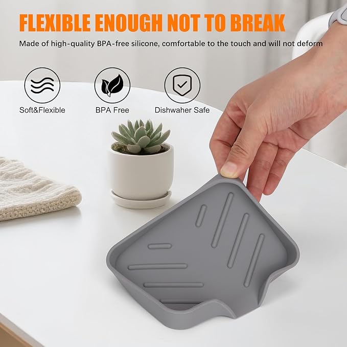 Silicone Soap Dish for Shower with Self Draining, 2 Pack Soap Holder for Bathroom, Silicone Sponge Holder for Kitchen Sink, Soap Tray for Dispenser, Scrubber, Bottle, 4.7"×3.9", Grey & Beige White