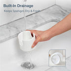 ONEMORE Ceramic Sponge Holder for Kitchen Sink, Kitchen Sink Organizer with Drain, Dish Sponge and Soap Holder for Sink Counter, Cute Corner Ceramic Sponge Holder, In Sink Sponge Storage, White