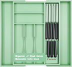 9-Piece Bamboo Kitchen Drawer Organizer Set, Expandable Silverware &Utensil Organizer with Removable Knife Block & Steak Knives, Flatware Organization, Tableware Dividers Storage(Cyan)