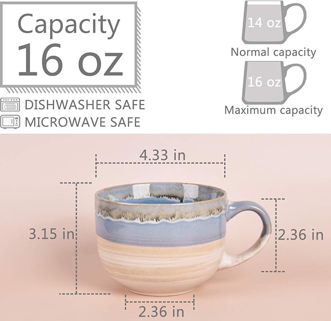 Bosmarlin Large Ceramic Coffee Mug Set of 2, Stoneware Jumbo Latte Mugs for Office and Home, 16 Oz, Dishwasher and Microwave Safe(Blue, 2)