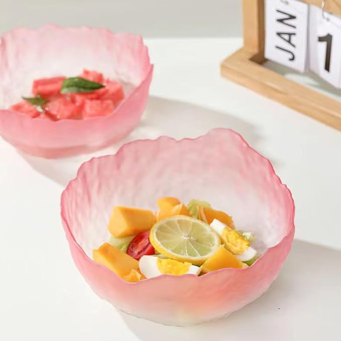 Glass Salad Bowl Irregular Lotus Flower Shape Serving Bowls, Mixing Nut Bowls for Kitchen Fruist, Snack, Dessert, and Ice Cream Candy Dishes (Crystal Gradient Pink, Set of 3 (L,M,S))