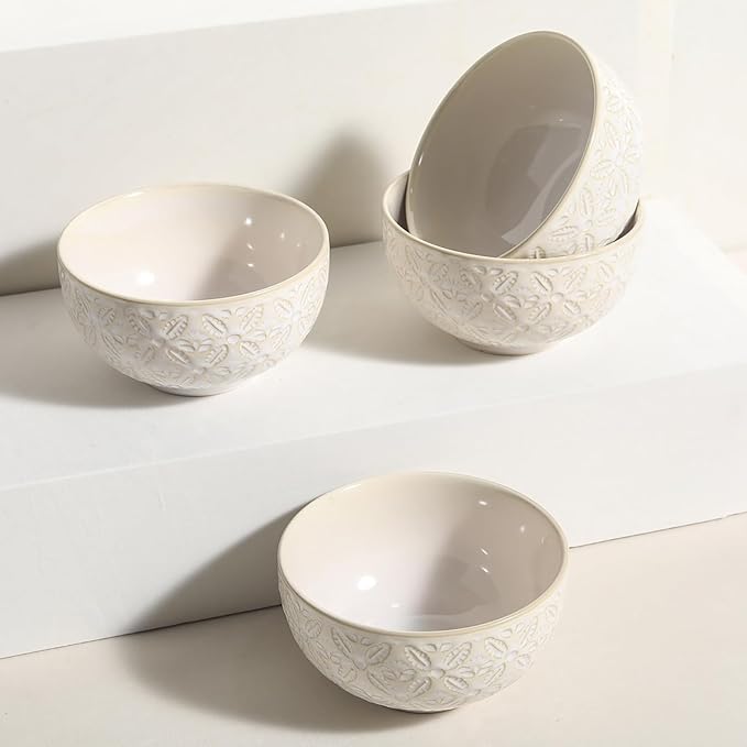 26 Oz Cereal Bowls Set of 4, 6 inch Ceramic Soup Bowl for Kitchen, Porcelain Embossed Serving Bowls for Salad, Pho, Breakfast, Ramen, Rice, Dishwasher Microwave Safe, Housewarming Gift