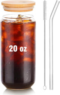 Glass Cups with Lids and Straws 1Pack,Glass Coffee Cups with Lid, Smoothie Cup,Beer Glasses,Cocktail Glasses for Whiskey,Soda-20 Oz Glass Tumbler with Straw,1 Brush