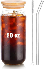 Glass Cups with Lids and Straws 1Pack,Glass Coffee Cups with Lid, Smoothie Cup,Beer Glasses,Cocktail Glasses for Whiskey,Soda-20 Oz Glass Tumbler with Straw,1 Brush