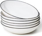 Yeacccng White Pasta Bowls Set of 6, 9.25 Inch 50 Oz Large Ceramic Soup Salad Bowls, Black Rim Minimalist Design, Lead-Free Cadmium-Free, Dishwasher Microwave Oven Safe, Scratch-Resistant