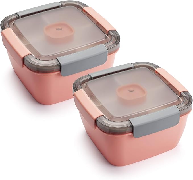 Freshmage Lunch Container To Go, 2 Packs 52-oz Salad Bowls With 3 Compartments, Dressings Container for Toppings, Snacks, Men, Women (Pink+Pink)